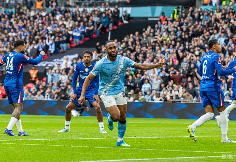 Antoine Semenyo celebrates after scoring the opening goal in the FA Cup final between Chelsea and Manchester City